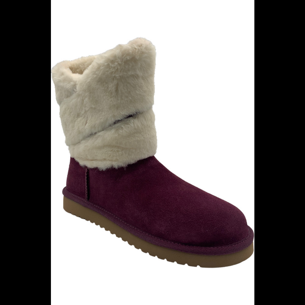 Koolaburra Burgundy Suede Ankle Boot with Cream Faux Fur Cuff
